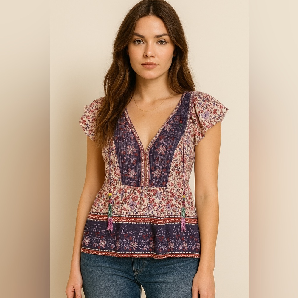 Anthropologie Bell Embellished Floral Bohemian Blouse - Picture 7 of 7